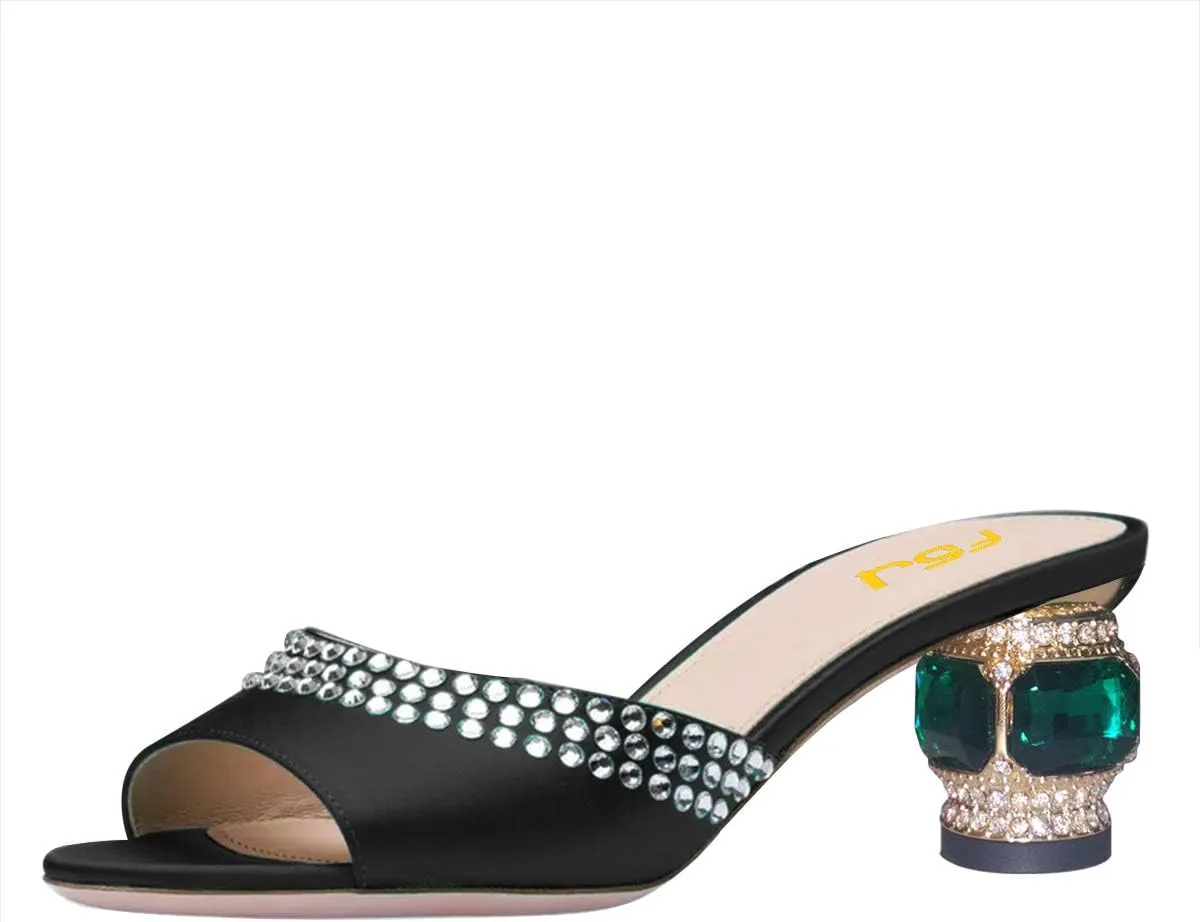FSJ Women Crystal Low Heel Bridal Pumps Slip on Mules Slide Sandals Peep Toe Clogs Dressy Rhinestone Slipper Shoes Size 4-15 US