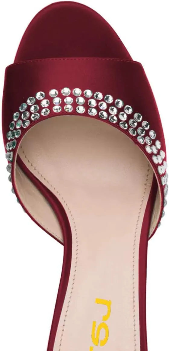 FSJ Women Crystal Low Heel Bridal Pumps Slip on Mules Slide Sandals Peep Toe Clogs Dressy Rhinestone Slipper Shoes Size 4-15 US