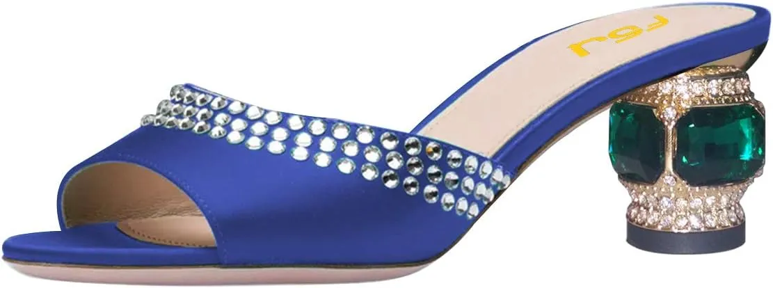 FSJ Women Crystal Low Heel Bridal Pumps Slip on Mules Slide Sandals Peep Toe Clogs Dressy Rhinestone Slipper Shoes Size 4-15 US