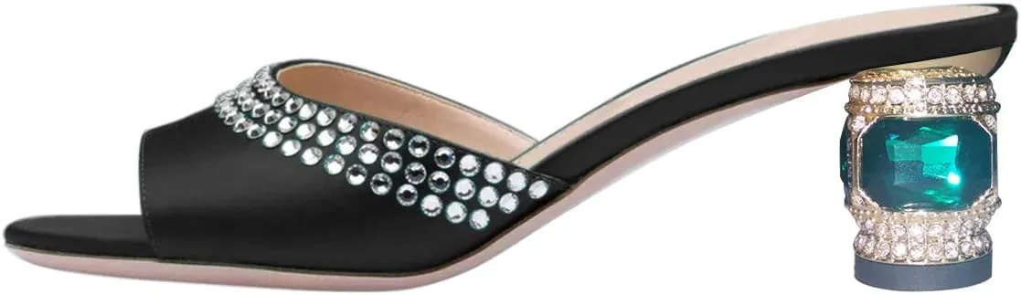 FSJ Women Crystal Low Heel Bridal Pumps Slip on Mules Slide Sandals Peep Toe Clogs Dressy Rhinestone Slipper Shoes Size 4-15 US
