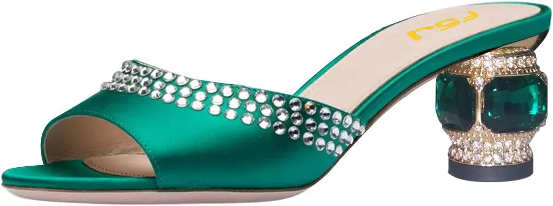 FSJ Women Crystal Low Heel Bridal Pumps Slip on Mules Slide Sandals Peep Toe Clogs Dressy Rhinestone Slipper Shoes Size 4-15 US