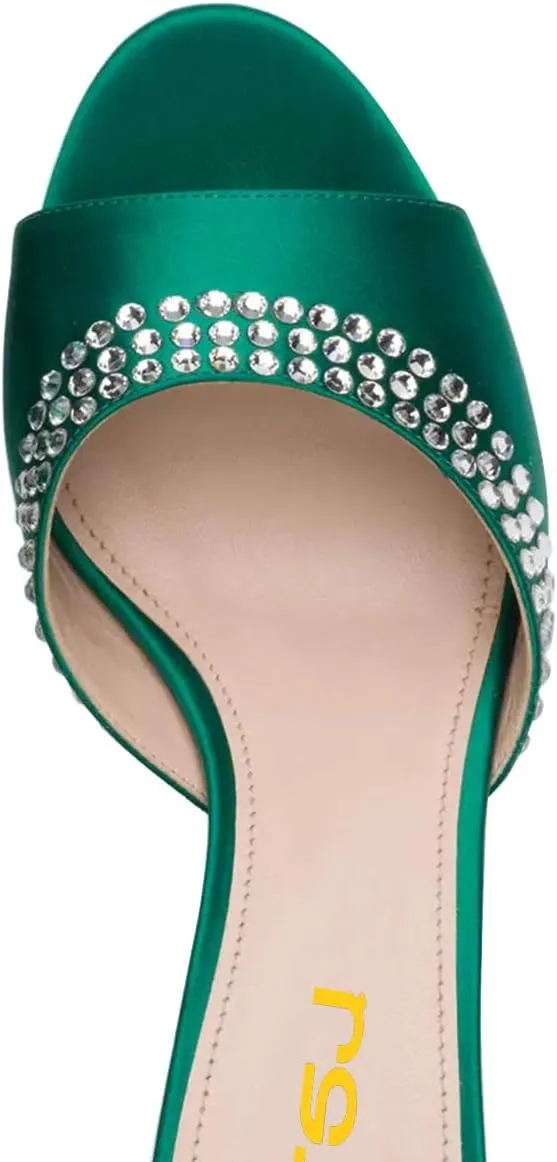 FSJ Women Crystal Low Heel Bridal Pumps Slip on Mules Slide Sandals Peep Toe Clogs Dressy Rhinestone Slipper Shoes Size 4-15 US