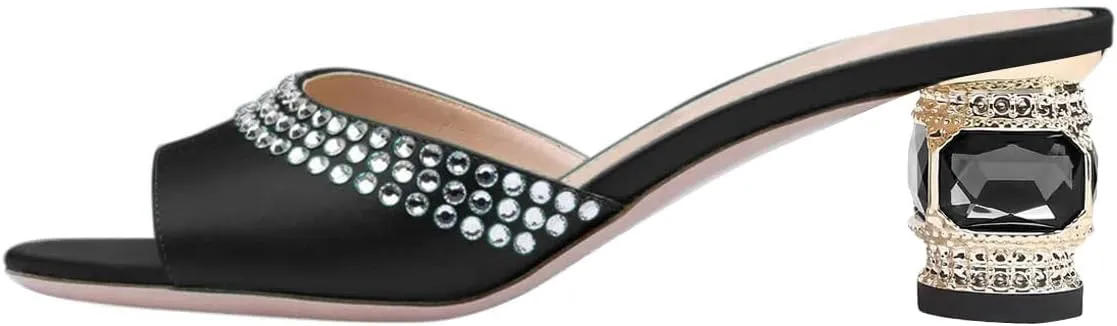 FSJ Women Crystal Low Heel Bridal Pumps Slip on Mules Slide Sandals Peep Toe Clogs Dressy Rhinestone Slipper Shoes Size 4-15 US