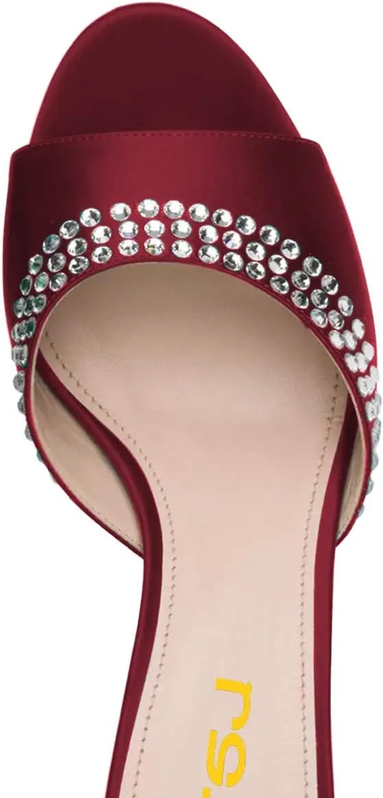 FSJ Women Crystal Low Heel Bridal Pumps Slip on Mules Slide Sandals Peep Toe Clogs Dressy Rhinestone Slipper Shoes Size 4-15 US