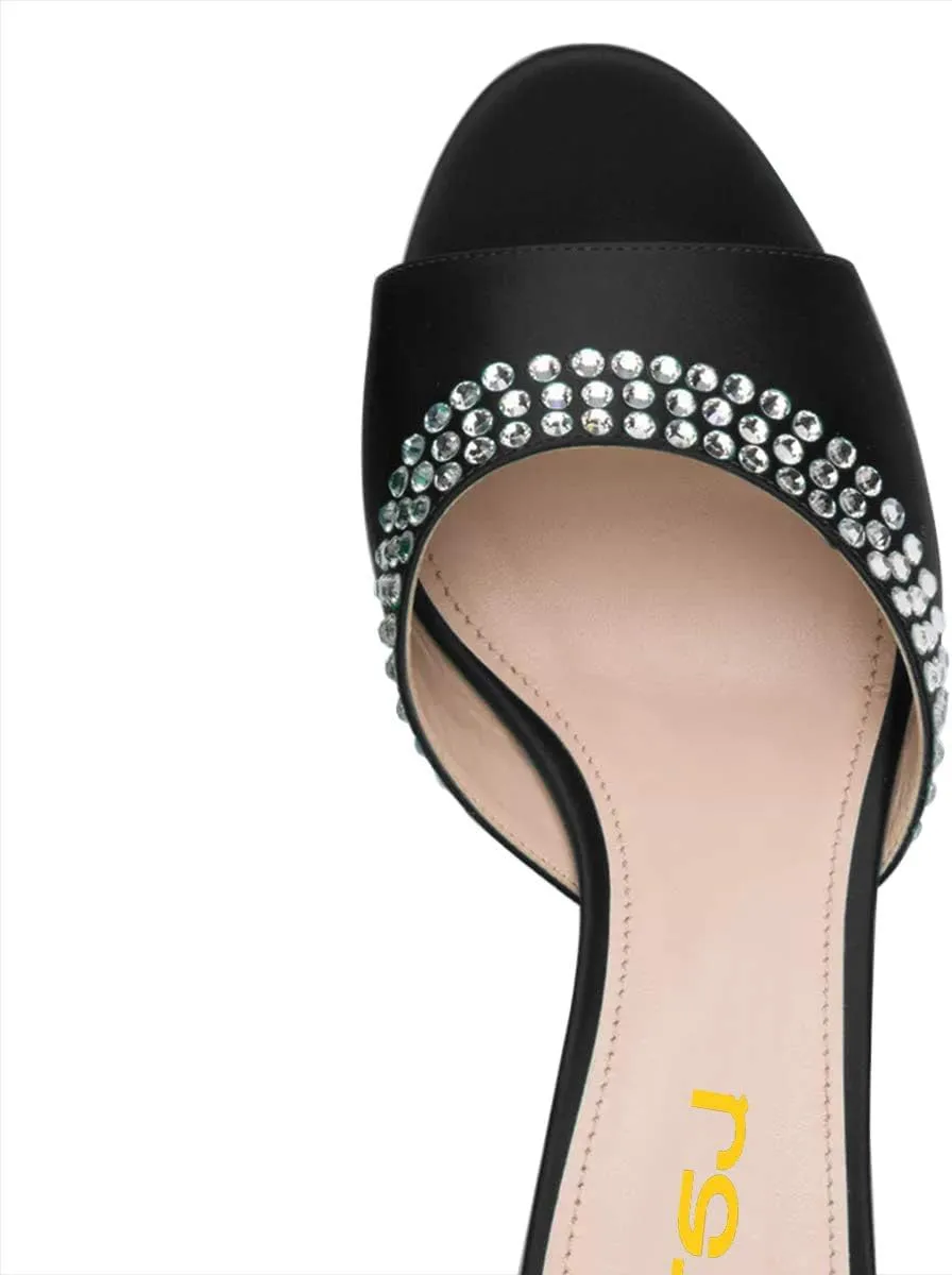 FSJ Women Crystal Low Heel Bridal Pumps Slip on Mules Slide Sandals Peep Toe Clogs Dressy Rhinestone Slipper Shoes Size 4-15 US