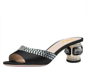 FSJ Women Crystal Low Heel Bridal Pumps Slip on Mules Slide Sandals Peep Toe Clogs Dressy Rhinestone Slipper Shoes Size 4-15 US