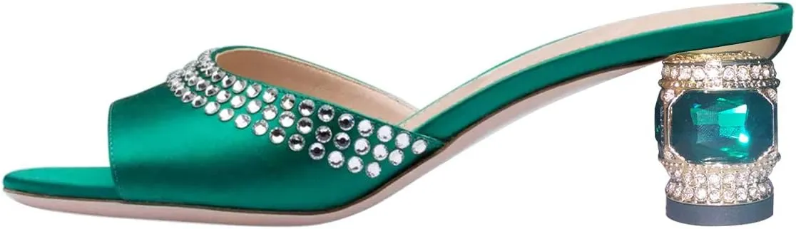 FSJ Women Crystal Low Heel Bridal Pumps Slip on Mules Slide Sandals Peep Toe Clogs Dressy Rhinestone Slipper Shoes Size 4-15 US