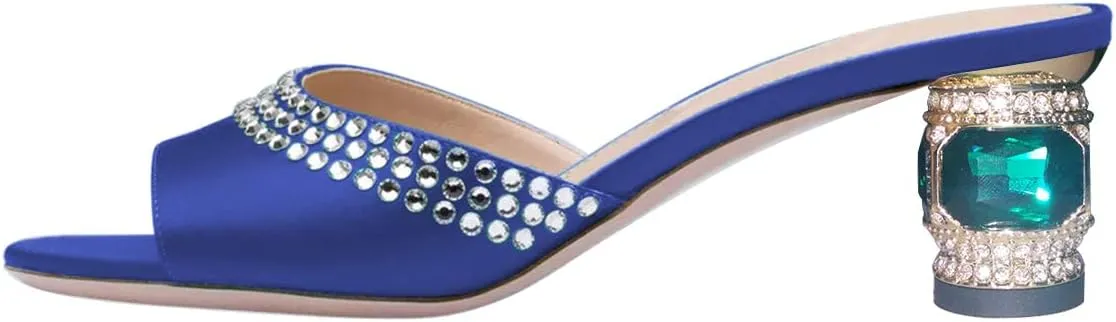 FSJ Women Crystal Low Heel Bridal Pumps Slip on Mules Slide Sandals Peep Toe Clogs Dressy Rhinestone Slipper Shoes Size 4-15 US