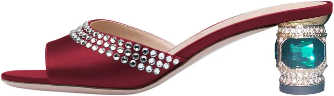 FSJ Women Crystal Low Heel Bridal Pumps Slip on Mules Slide Sandals Peep Toe Clogs Dressy Rhinestone Slipper Shoes Size 4-15 US