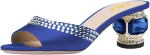 FSJ Women Crystal Low Heel Bridal Pumps Slip on Mules Slide Sandals Peep Toe Clogs Dressy Rhinestone Slipper Shoes Size 4-15 US