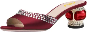 FSJ Women Crystal Low Heel Bridal Pumps Slip on Mules Slide Sandals Peep Toe Clogs Dressy Rhinestone Slipper Shoes Size 4-15 US