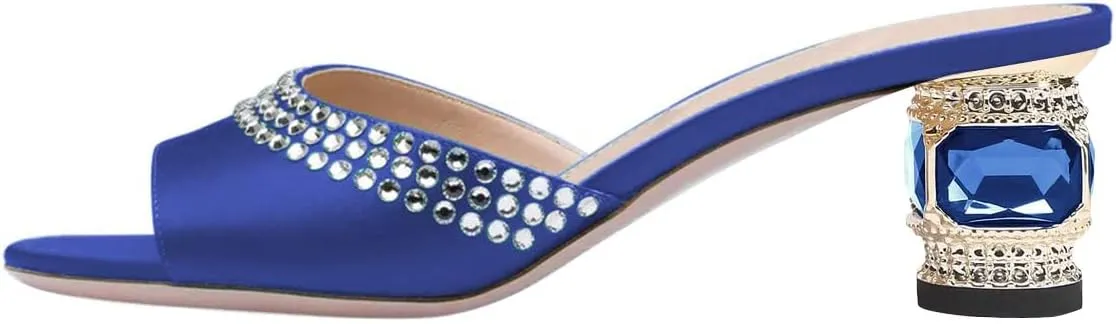 FSJ Women Crystal Low Heel Bridal Pumps Slip on Mules Slide Sandals Peep Toe Clogs Dressy Rhinestone Slipper Shoes Size 4-15 US