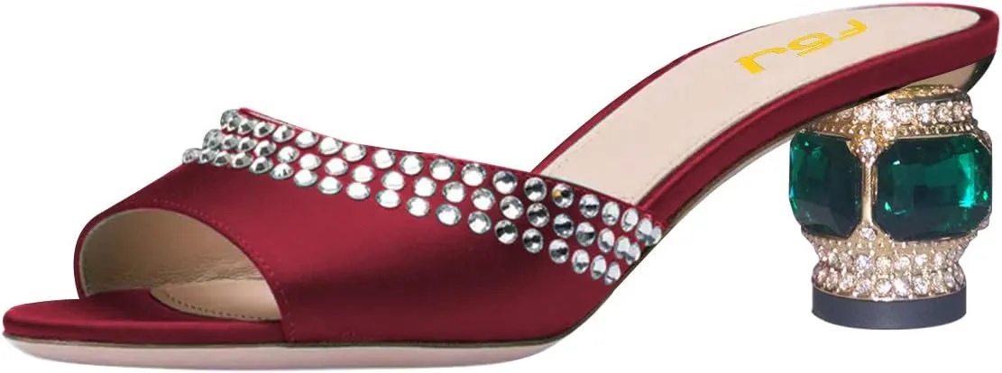FSJ Women Crystal Low Heel Bridal Pumps Slip on Mules Slide Sandals Peep Toe Clogs Dressy Rhinestone Slipper Shoes Size 4-15 US