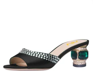 FSJ Women Crystal Low Heel Bridal Pumps Slip on Mules Slide Sandals Peep Toe Clogs Dressy Rhinestone Slipper Shoes Size 4-15 US