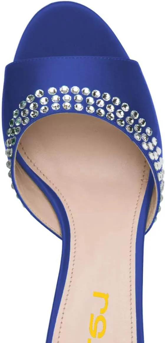 FSJ Women Crystal Low Heel Bridal Pumps Slip on Mules Slide Sandals Peep Toe Clogs Dressy Rhinestone Slipper Shoes Size 4-15 US