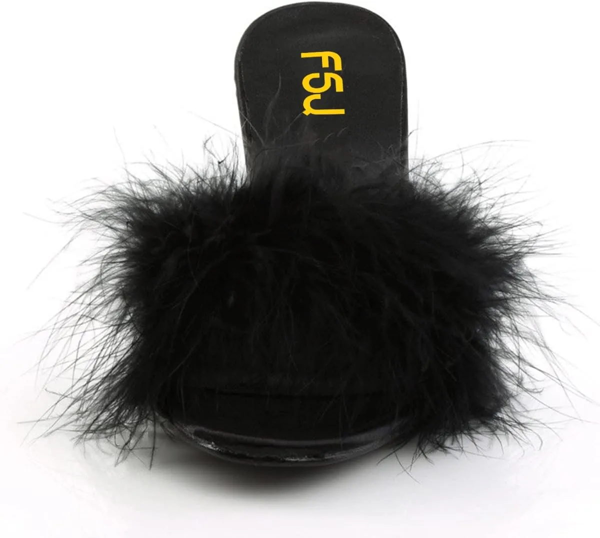 FSJ Women Fashion Feather Fur Fur Kitten Heel Slip On Mules Open Toe Dress Low Heeled Slippers Sandals Slides Outfit Pumps Size 4-15 US