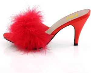 FSJ Women Fashion Feather Fur Fur Kitten Heel Slip On Mules Open Toe Dress Low Heeled Slippers Sandals Slides Outfit Pumps Size 4-15 US