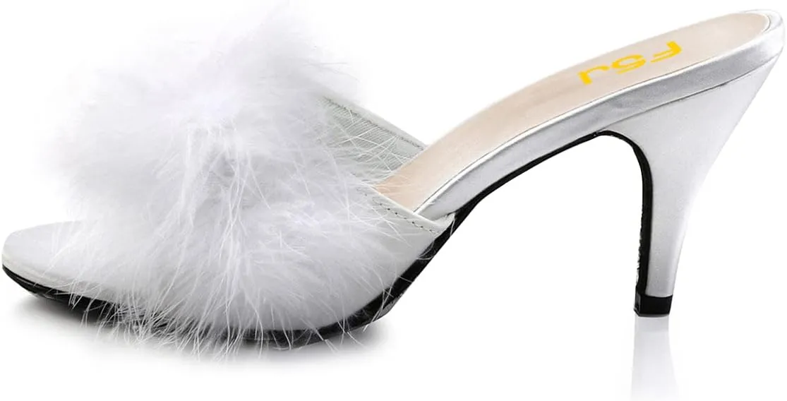 FSJ Women Fashion Feather Fur Fur Kitten Heel Slip On Mules Open Toe Dress Low Heeled Slippers Sandals Slides Outfit Pumps Size 4-15 US