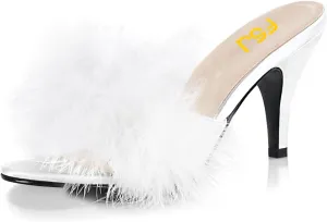 FSJ Women Fashion Feather Fur Fur Kitten Heel Slip On Mules Open Toe Dress Low Heeled Slippers Sandals Slides Outfit Pumps Size 4-15 US