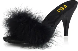 FSJ Women Fashion Feather Fur Fur Kitten Heel Slip On Mules Open Toe Dress Low Heeled Slippers Sandals Slides Outfit Pumps Size 4-15 US