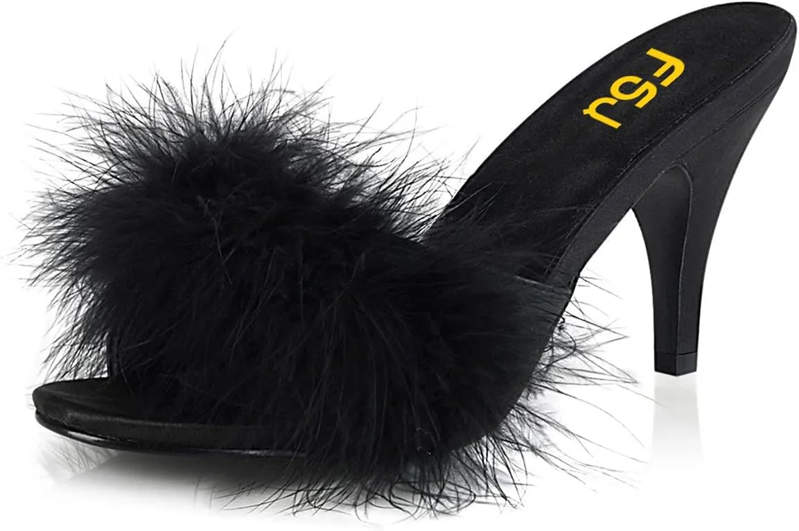 FSJ Women Fashion Feather Fur Fur Kitten Heel Slip On Mules Open Toe Dress Low Heeled Slippers Sandals Slides Outfit Pumps Size 4-15 US