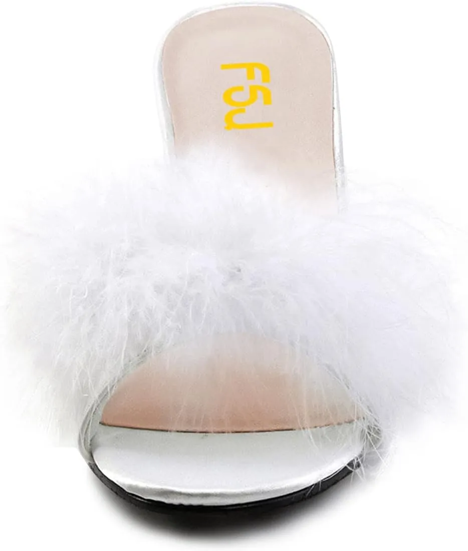 FSJ Women Fashion Feather Fur Fur Kitten Heel Slip On Mules Open Toe Dress Low Heeled Slippers Sandals Slides Outfit Pumps Size 4-15 US