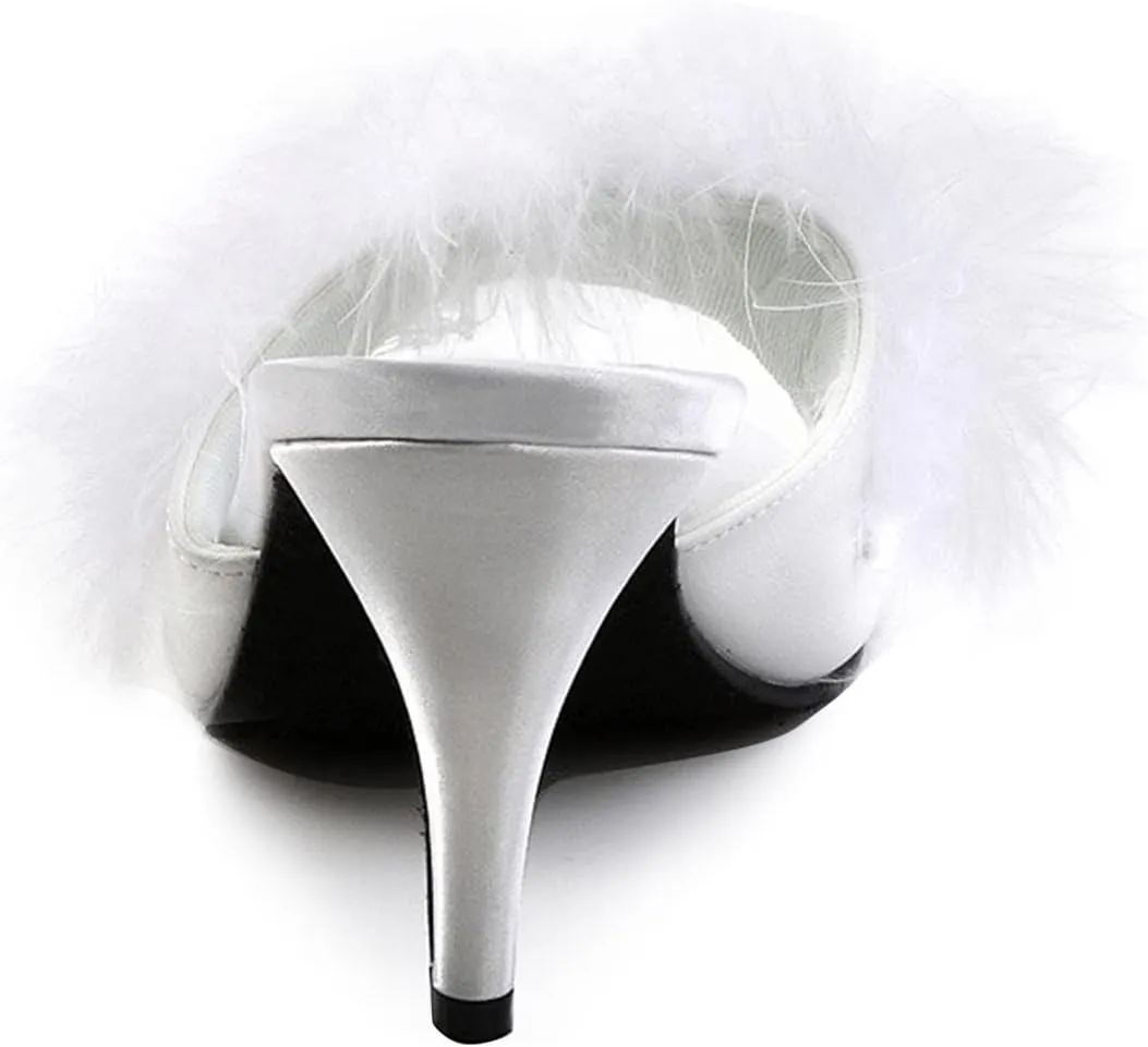 FSJ Women Fashion Feather Fur Fur Kitten Heel Slip On Mules Open Toe Dress Low Heeled Slippers Sandals Slides Outfit Pumps Size 4-15 US