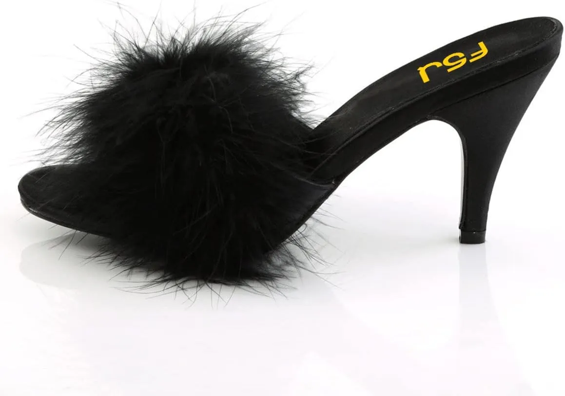 FSJ Women Fashion Feather Fur Fur Kitten Heel Slip On Mules Open Toe Dress Low Heeled Slippers Sandals Slides Outfit Pumps Size 4-15 US