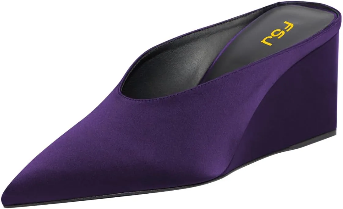 FSJ Women Satin Pointed Toe Wedge Mules Sexy Slip On High Heeled Backless Sandals Unique Summer Casual Dress Pump Shoes Size 4-16 US