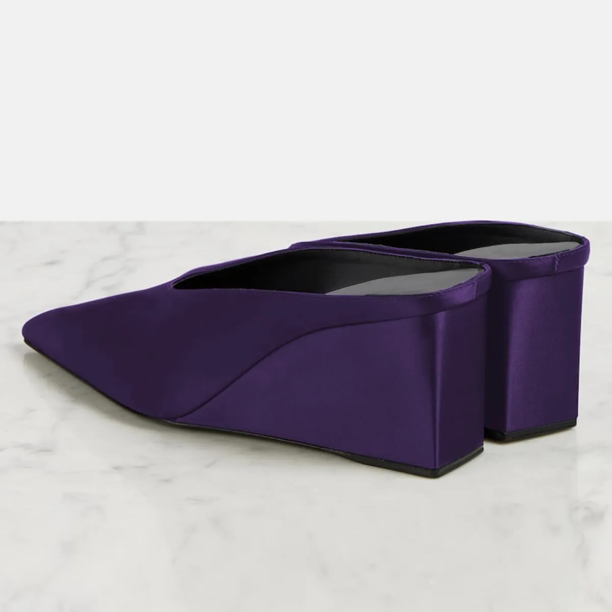 FSJ Women Satin Pointed Toe Wedge Mules Sexy Slip On High Heeled Backless Sandals Unique Summer Casual Dress Pump Shoes Size 4-16 US