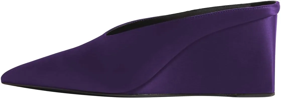 FSJ Women Satin Pointed Toe Wedge Mules Sexy Slip On High Heeled Backless Sandals Unique Summer Casual Dress Pump Shoes Size 4-16 US