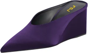 FSJ Women Satin Pointed Toe Wedge Mules Sexy Slip On High Heeled Backless Sandals Unique Summer Casual Dress Pump Shoes Size 4-16 US