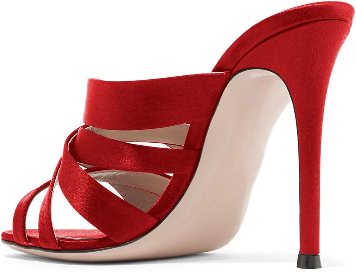 FSJ Women Strappy Satin Open Toe Sandals Stiletto High Heels Mules Slip On Shoes Size 4-15 US