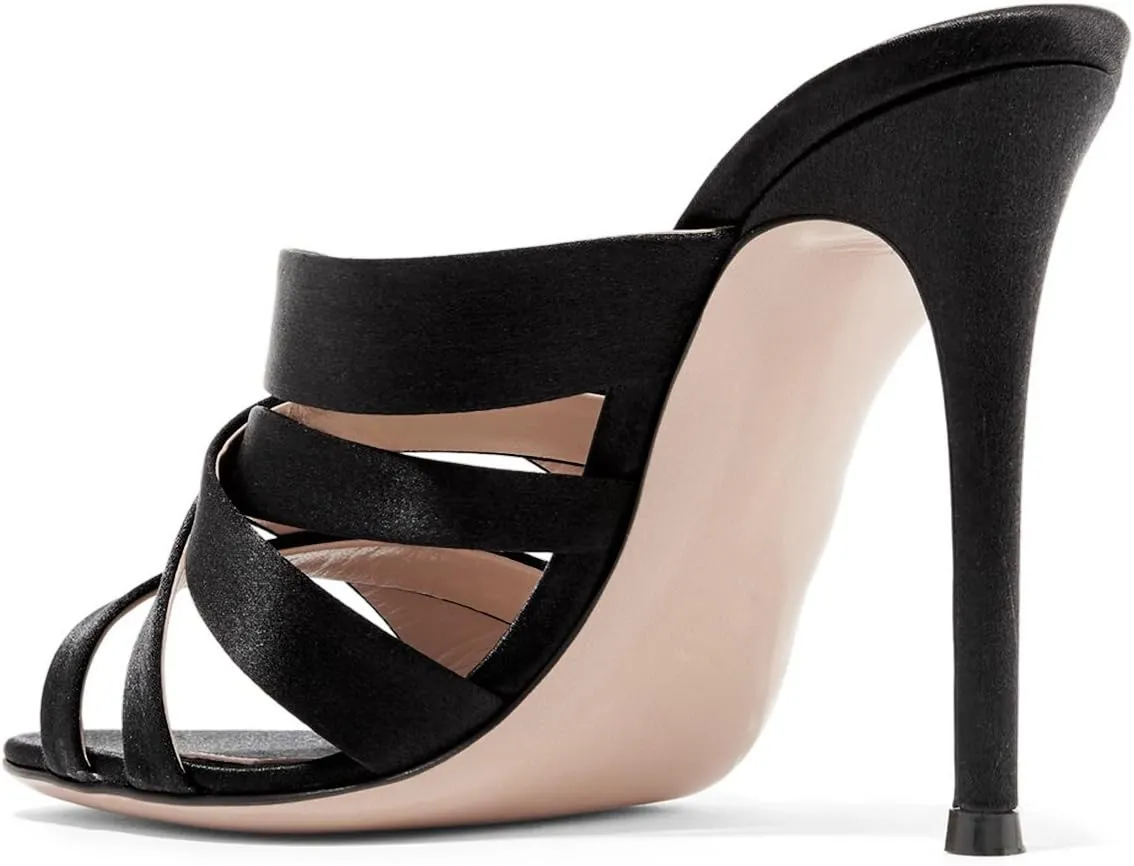 FSJ Women Strappy Satin Open Toe Sandals Stiletto High Heels Mules Slip On Shoes Size 4-15 US
