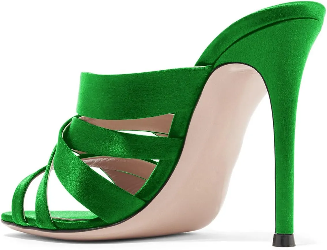 FSJ Women Strappy Satin Open Toe Sandals Stiletto High Heels Mules Slip On Shoes Size 4-15 US