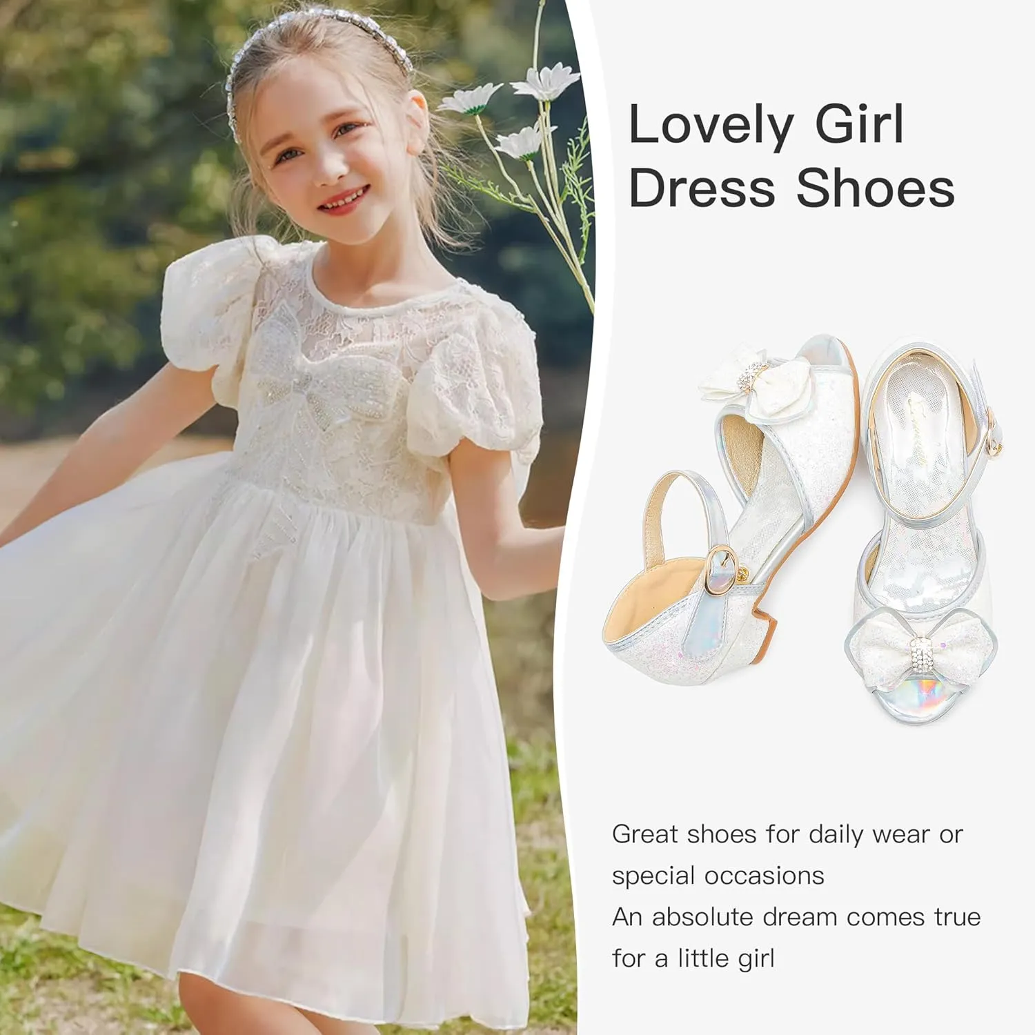 Furdeour Girls Dress Shoes Flower Girl Shoes Low Heels Open Toe Wedding Party School Toddler Little Big Kid