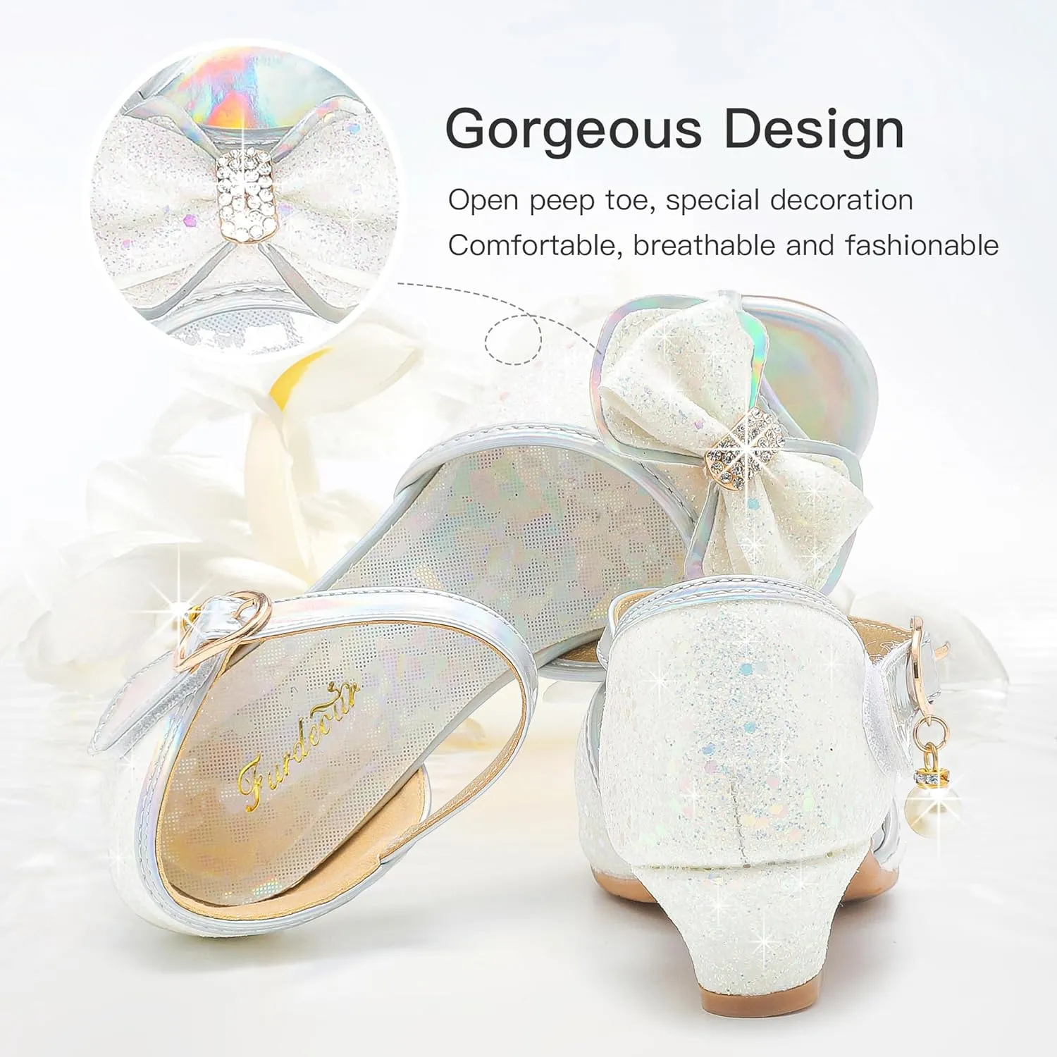 Furdeour Girls Dress Shoes Flower Girl Shoes Low Heels Open Toe Wedding Party School Toddler Little Big Kid