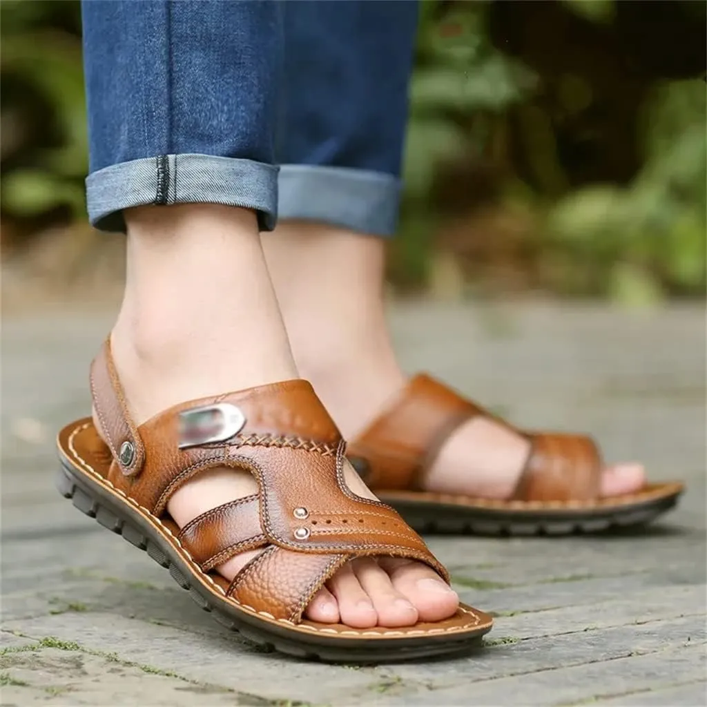 Genuine Leather Men's Sandals Shoes Outdoor Casual Sandals Cowhide Beach Shoes Purpose Men's Sandals Slippers(41)
