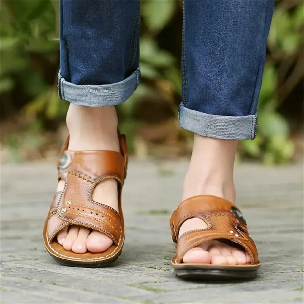 Genuine Leather Men's Sandals Shoes Outdoor Casual Sandals Cowhide Beach Shoes Purpose Men's Sandals Slippers(41)