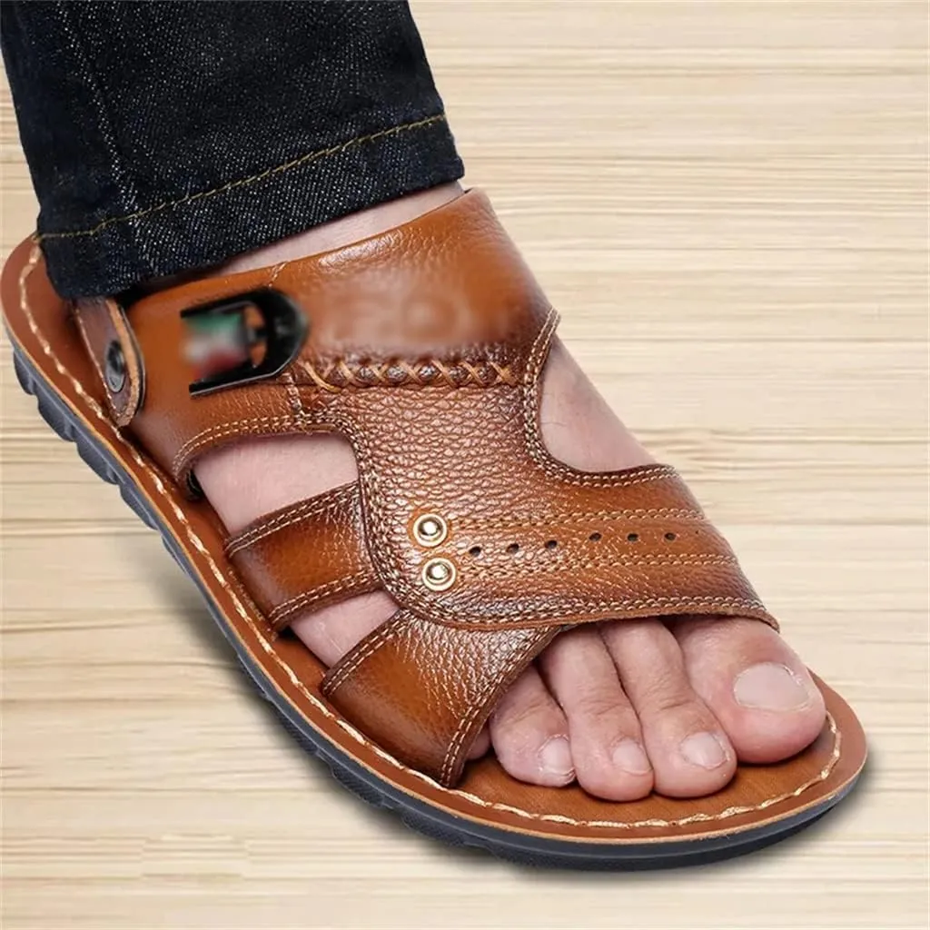 Genuine Leather Men's Sandals Shoes Outdoor Casual Sandals Cowhide Beach Shoes Purpose Men's Sandals Slippers(41)