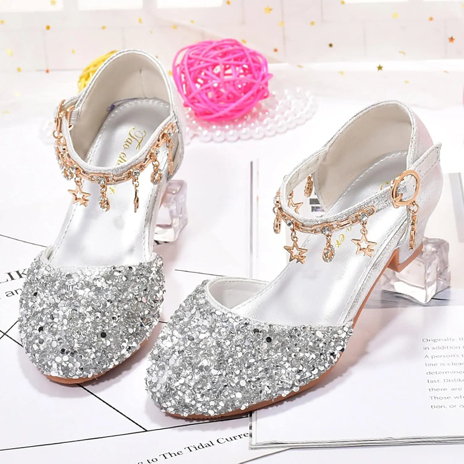 Girls Rhinestone Low Heeled Dress Shoes Glitter Sequins Party Dance Shoes Princess Closed Toe Birthday Sandals