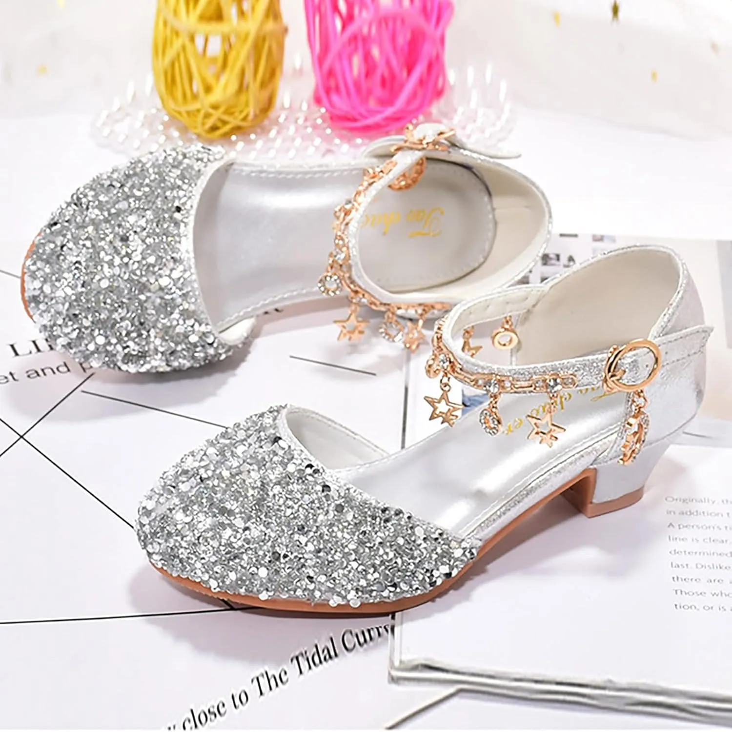 Girls Rhinestone Low Heeled Dress Shoes Glitter Sequins Party Dance Shoes Princess Closed Toe Birthday Sandals