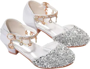Girls Rhinestone Low Heeled Dress Shoes Glitter Sequins Party Dance Shoes Princess Closed Toe Birthday Sandals
