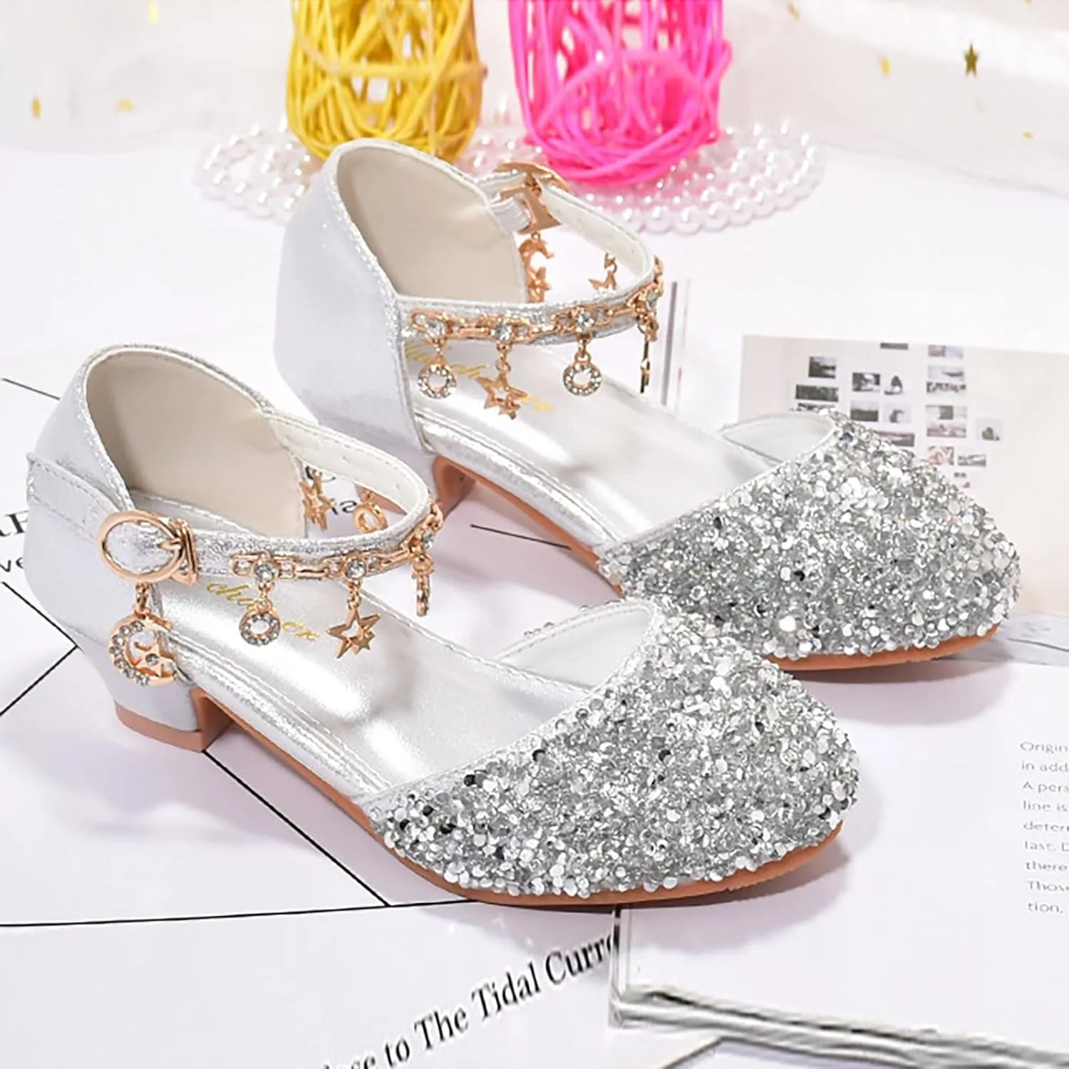 Girls Rhinestone Low Heeled Dress Shoes Glitter Sequins Party Dance Shoes Princess Closed Toe Birthday Sandals