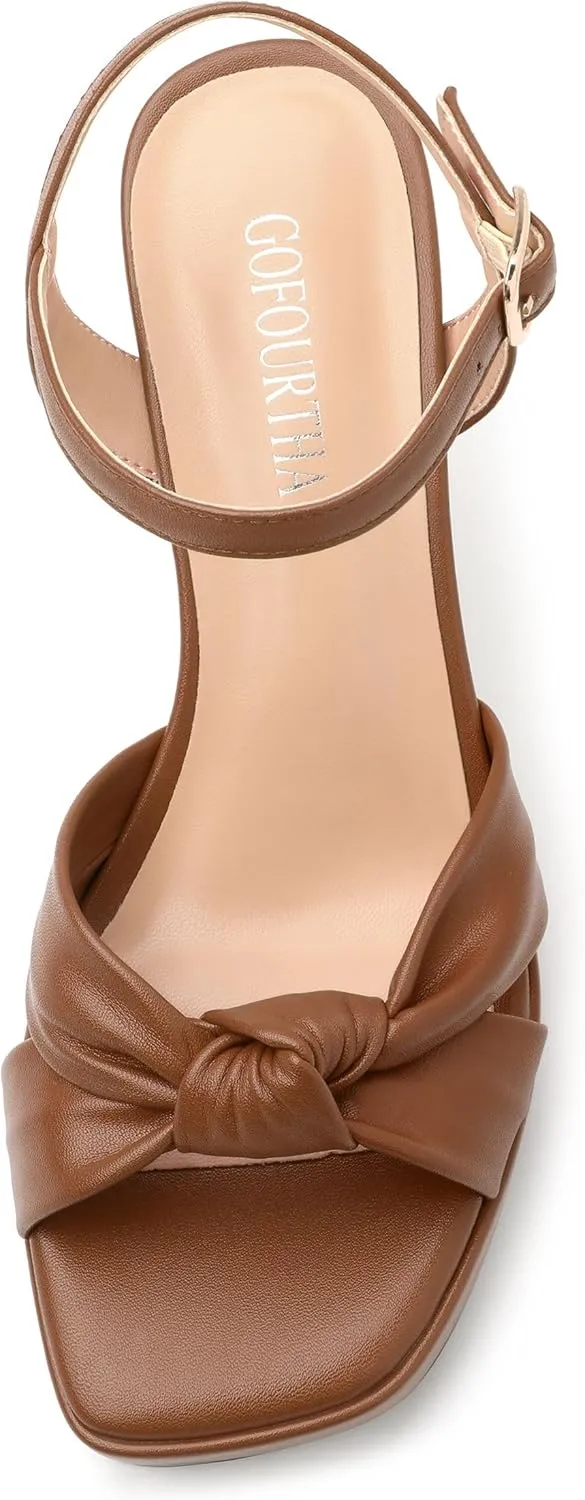 GOFOUTHAT Platform Chunky Heels for Women with Adjustable Ankle Strap-Square Open Toe Bow Heels Dressy Shoes