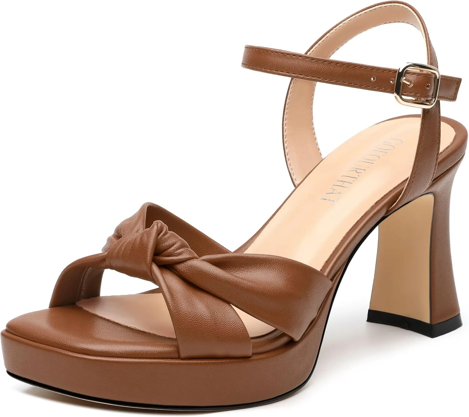 GOFOUTHAT Platform Chunky Heels for Women with Adjustable Ankle Strap-Square Open Toe Bow Heels Dressy Shoes
