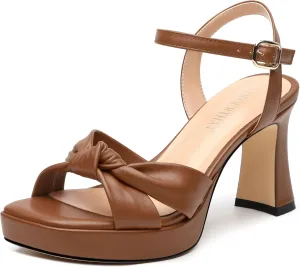 GOFOUTHAT Platform Chunky Heels for Women with Adjustable Ankle Strap-Square Open Toe Bow Heels Dressy Shoes