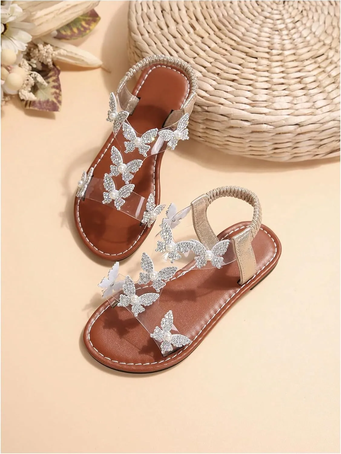 GORGLITTER Girl's Sandals Clear Butterfly Rhinestone Glitter Ankle Strap Flat Sandals Summer Beach Vacation Sandal