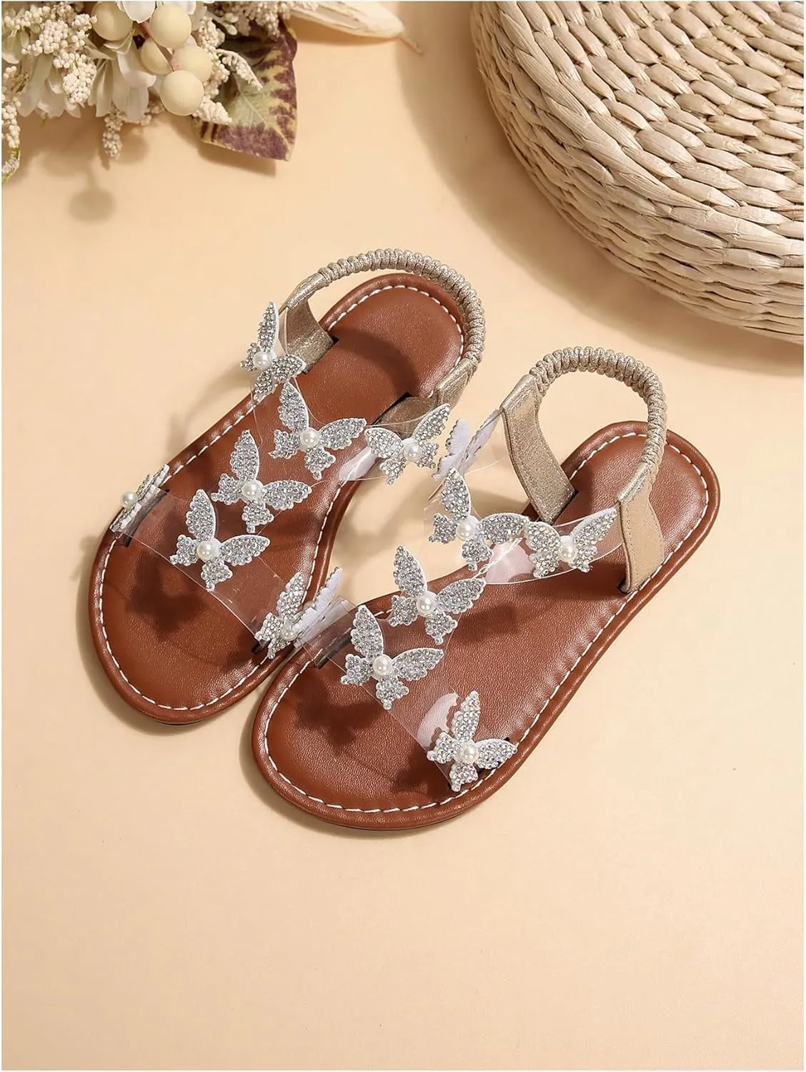 GORGLITTER Girl's Sandals Clear Butterfly Rhinestone Glitter Ankle Strap Flat Sandals Summer Beach Vacation Sandal