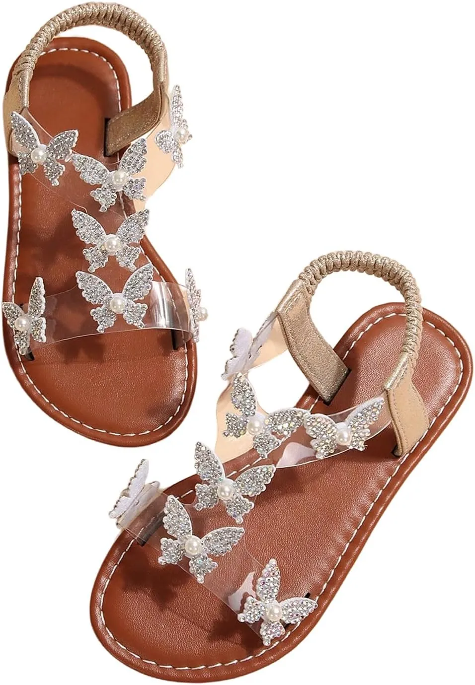 GORGLITTER Girl's Sandals Clear Butterfly Rhinestone Glitter Ankle Strap Flat Sandals Summer Beach Vacation Sandal